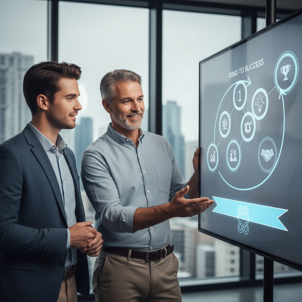 A mentor guiding a new distributor with a visual "Road to Success" displayed on a large digital screen in an office.